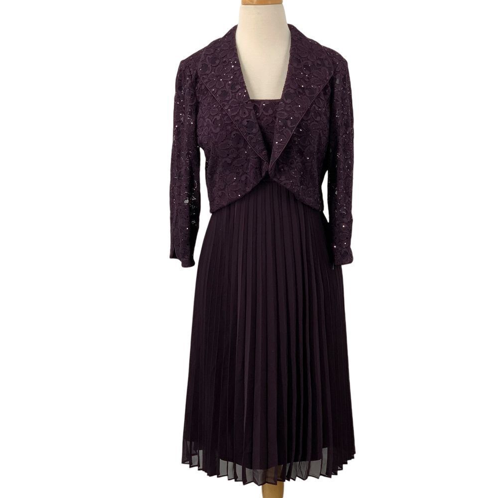 R&M Richards Elegant Plum/Purple Sequin Lace Jacket Dress Pleated Skirt Size 10